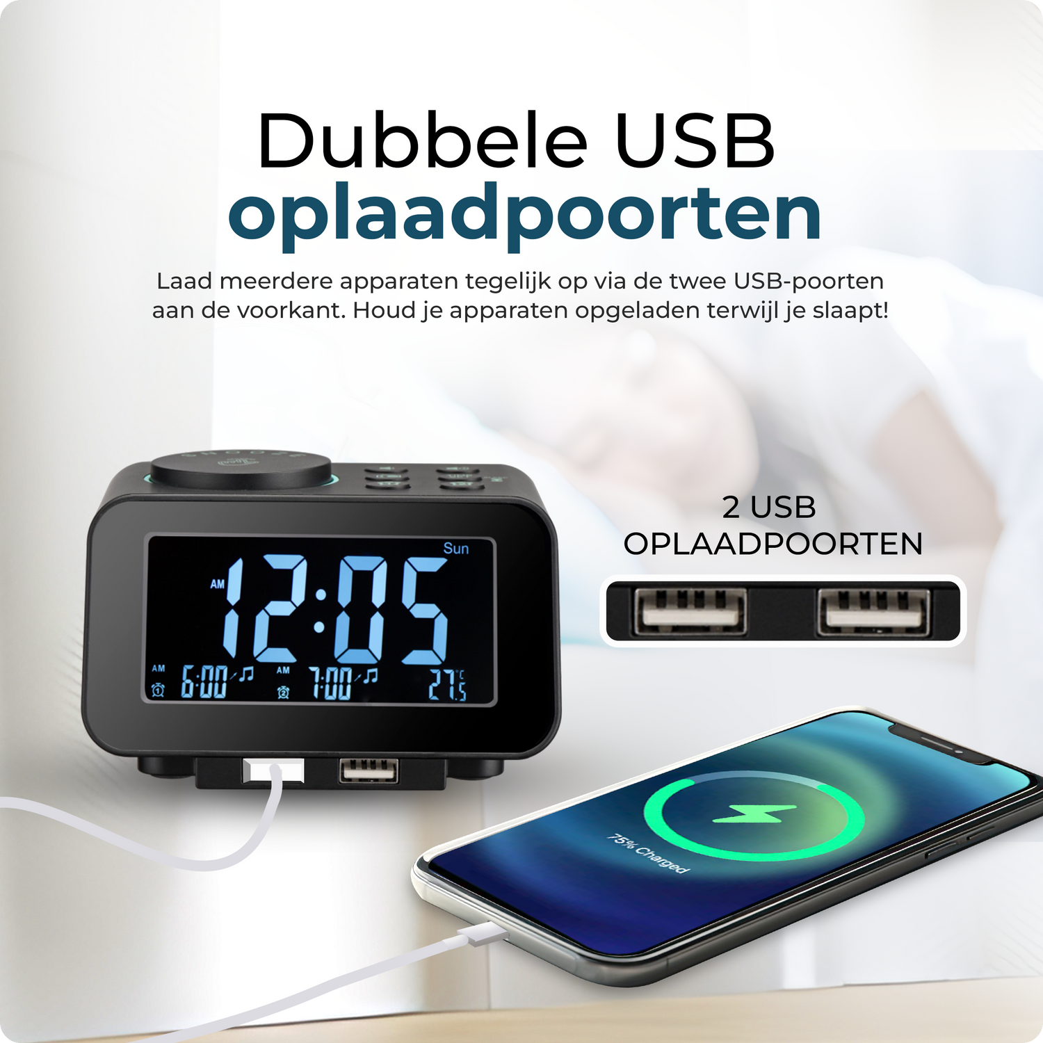 Digitale wekkerradio FM-radio functie en dubbele usb voorkant